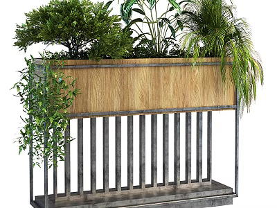 Potted Bonsai Plants on Long Rectangular Wooden Metal Stand with Various Green Foliage 3d model