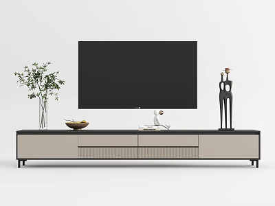 Modern TV Stand with Flat Screen TV Green Plant Vase Fruit Bowl and Sculpture Decor 3d model