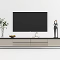 Modern TV Stand with Flat Screen TV Green Plant Vase Fruit Bowl and Sculpture Decor