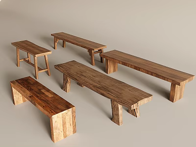 Wooden Benches In Various Styles With Natural Wood Grain And Modern Design 3d model