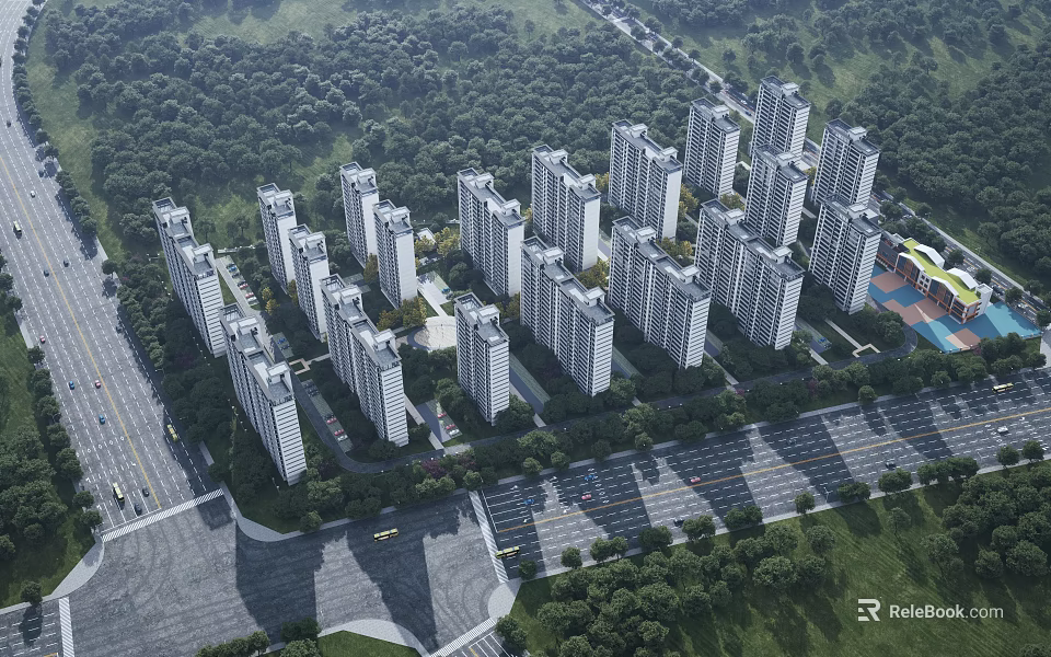 Modern High Rise Residential Buildings Surrounded by Greenery and Roads in Aerial View 3d model 