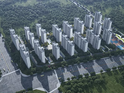 Modern High Rise Residential Buildings Surrounded by Greenery and Roads in Aerial View 3d model