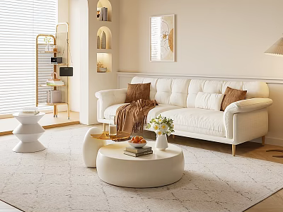 Modern Living Room Interior With White Sofa Round Coffee Table Wall Art And Arched Shelves 3d model