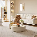 Modern Living Room Interior With White Sofa Round Coffee Table Wall Art And Arched Shelves