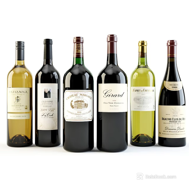 Assorted Wine Bottles with Different Labels and Red White Wine Varieties 3d model