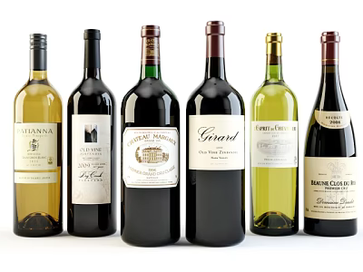 Assorted Wine Bottles with Different Labels and Red White Wine Varieties 3d model
