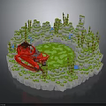 Circular Landscape With Green Grass White Stone Walls Green Plants Blue Water And Red Vehicle
