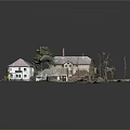 Cartoon Scene With Old Houses New Buildings Green Grass Dry Trees And Dirt Road
