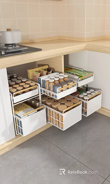Modern Kitchen Cabinet Storage Rack With Multiple Drawers And Organized Glass Jars And Food Containers 3d model 