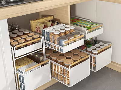 Modern Kitchen Cabinet Storage Rack With Multiple Drawers And Organized Glass Jars And Food Containers 3d model