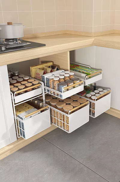Modern Kitchen Cabinet Storage Rack With Multiple Drawers And Organized Glass Jars And Food Containers 3d model