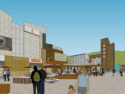 Vibrant Commercial Plaza Featuring Modern Buildings Pedestrians Outdoor Shops And Open Leisure Space 3d model