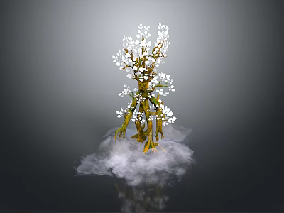 Fantasy Game Character Tree With White Flowers Yellow Green Trunk Gray Background And White Mist 3d model