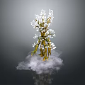 Fantasy Game Character Tree With White Flowers Yellow Green Trunk Gray Background And White Mist