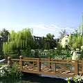 Scenic Lakeside Landscape With Weeping Willows Blue Sky Bridge Houses And Reflection On Water