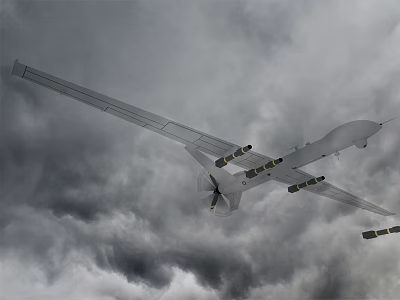 Unmanned Fighter Jet Flying Through Dark Cloudy Sky With Wing Mounted Weapons 3d model