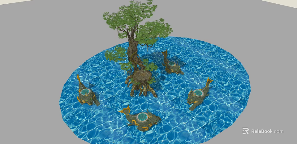 Ancient Tree With Exposed Roots In Blue Rippling Water And Floating Platforms 3d model 