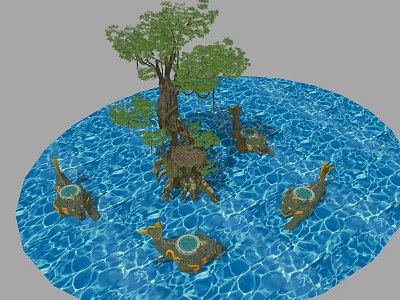 Ancient Tree With Exposed Roots In Blue Rippling Water And Floating Platforms 3d model