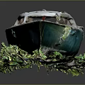 Detailed Decorative Model Boat With White And Blue Hull On Green Grass Dark Background