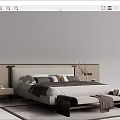 Contemporary Double Bed with Wooden Headboard Bedside Tables Foot Bench and Throw Rug