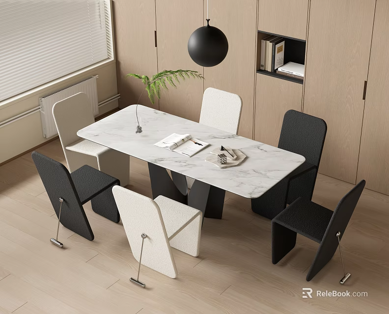 Modern Dining Table Set With Marble Top Black White Chairs Green Plant And Pendant Light 3d model 