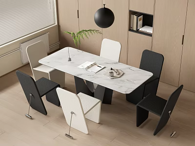 Modern Dining Table Set With Marble Top Black White Chairs Green Plant And Pendant Light 3d model