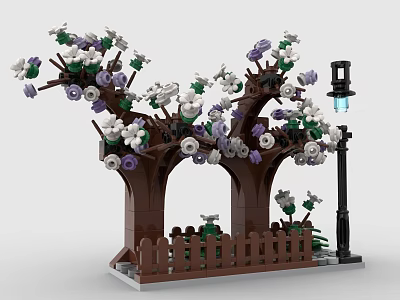 Building Block Model Featuring Flower Trees Arch with White Purple Blossoms Fence and Street Lamp 3d model