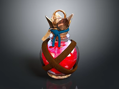 Enchanted Potion Bottle With Golden Crown Top Brown Straps And Red Liquid 3d model