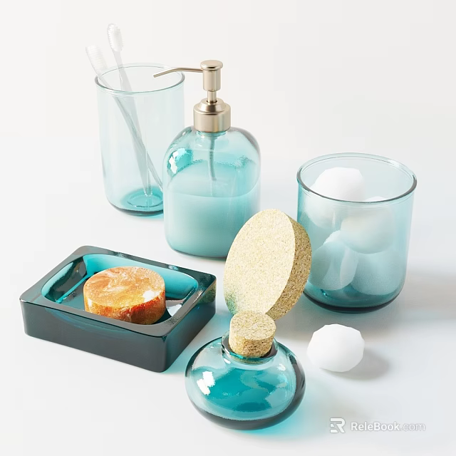 Blue Daily Cleaning Products With Soap Dispenser Sponge And Cotton Balls In Glass Containers 3d model 
