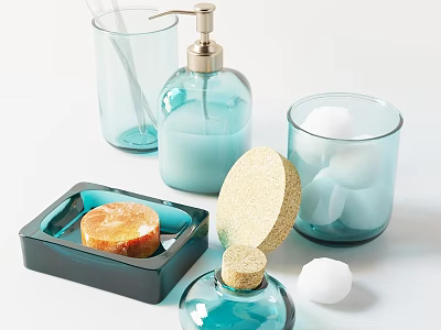 Blue Daily Cleaning Products With Soap Dispenser Sponge And Cotton Balls In Glass Containers 3d model