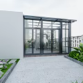 Modern Garden Design Featuring Glass Structure Green Plants Stone Path And Flower Beds