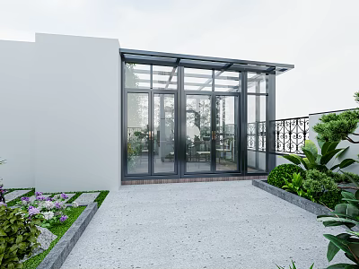 Modern Garden Design Featuring Glass Structure Green Plants Stone Path And Flower Beds 3d model