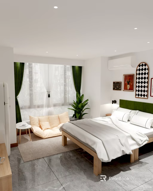 Modern Hotel Guest Room With White Bedding Beige Sofa Green Curtains And Decorative Paintings 3d model 