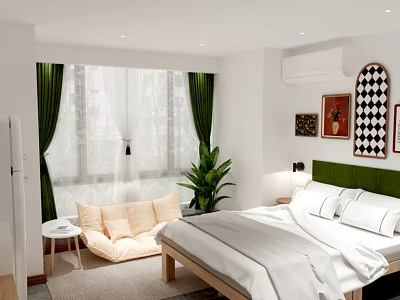 Modern Hotel Guest Room With White Bedding Beige Sofa Green Curtains And Decorative Paintings 3d model