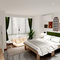 Modern Hotel Guest Room With White Bedding Beige Sofa Green Curtains And Decorative Paintings
