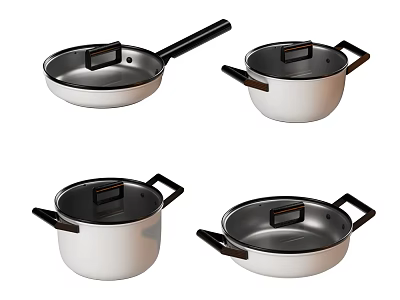 Modern White Cookware Set Including Pots and Pans with Black Handles and Lids 3d model