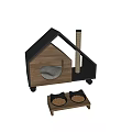 Wooden Pet House With Black Roof Heart Shaped Window And Small Tray Holding Round Objects
