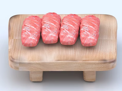 Four Pieces of Raw Rolled Meat on Wooden Cutting Board Ready to Cook 3d model