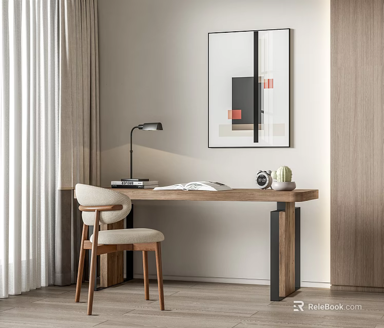 Modern Wooden Desk Setup With Chair Table Lamp Open Book And Abstract Painting 3d model 