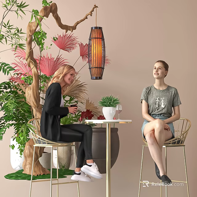 Two Girls Chatting Indoor With Green Plants Hanging Lamp And Table 3d model 