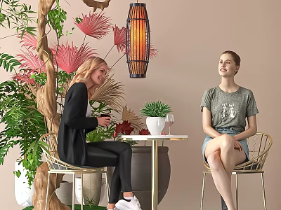 Two Girls Chatting Indoor With Green Plants Hanging Lamp And Table 3d model