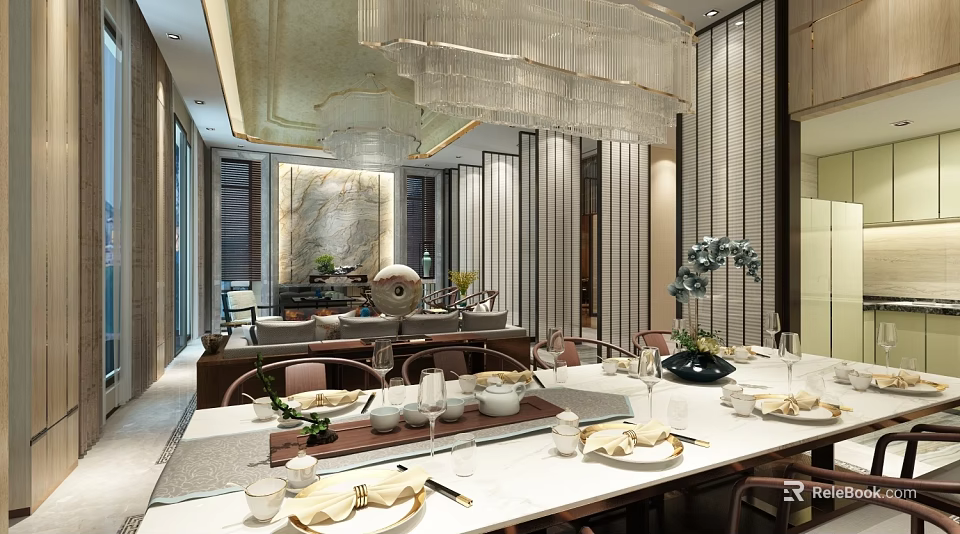 Elegant Modern Living and Dining Room Interior Design With Dining Table Chairs Chandelier and Tableware 3d model 