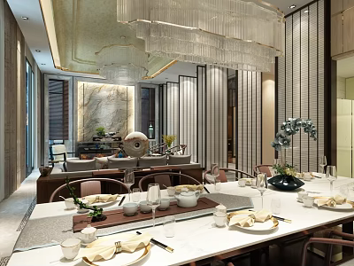 Elegant Modern Living and Dining Room Interior Design With Dining Table Chairs Chandelier and Tableware 3d model