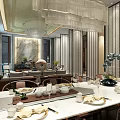 Elegant Modern Living and Dining Room Interior Design With Dining Table Chairs Chandelier and Tableware