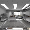 Professional Commercial Kitchen With Stainless Steel Equipment Worktables And Ceiling Lights