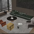 Modern Luxury Living Room with Dark Green Leather Sofa and Black Round Coffee Table Set