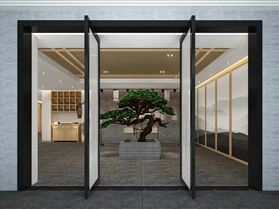 Modern Store Front Desk Interior With Reception Counter Decorative Bonsai And Lighting Design 3d model