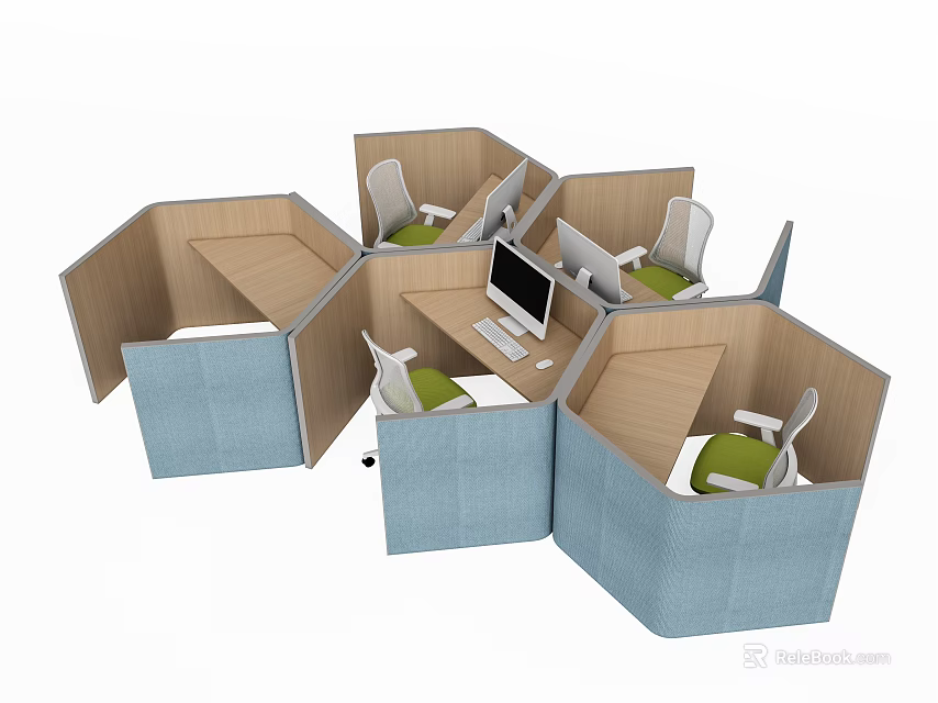 Office Desks in Hexagonal Cubicles Workspace with Computers Green Chairs and Partition Design 3d model
