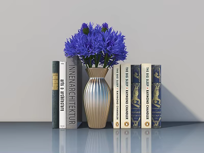 Golden Vase With Purple Flowers And Art Architecture Books On Gray Modern Tabletop 3d model