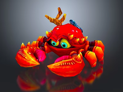 Vibrant Red Crab Character With Horn Like Structures Green Yellow Eyes And Blue Back Object 3d model